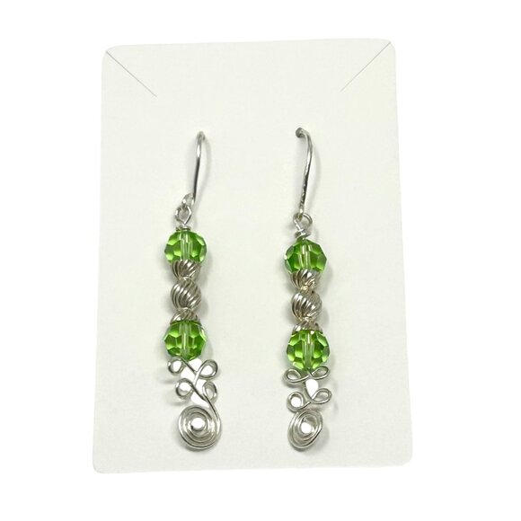 Earrings-3‎ Pair-Green & Silver Beaded Swirl, Pearl Stud, & Clear Crystal Dangle - Picture 3 of 5